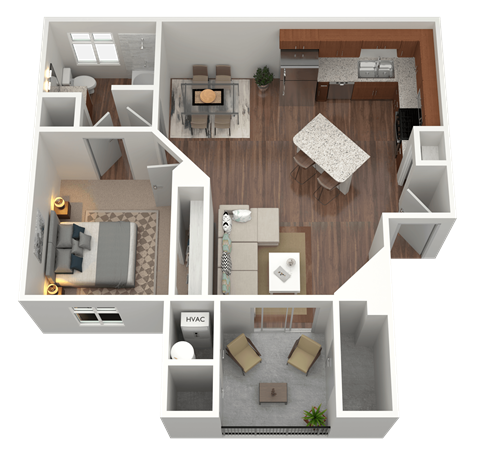 3D rendering of a 1 bed 1 bath apartment